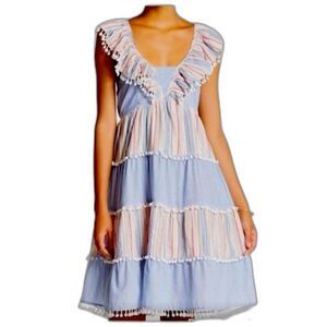 Romeo + Juliet Women's Blue Pink Striped Chambray Sleeveless Tiered Sundress M